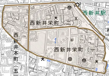 西新井栄町とその周辺の地図。町の範囲を重ねている