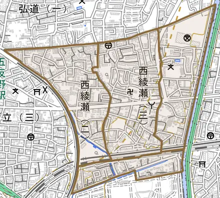 西綾瀬とその周辺の地図。町の範囲を重ねている
