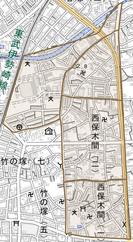 西保木間とその周辺の地図。町の範囲を重ねている