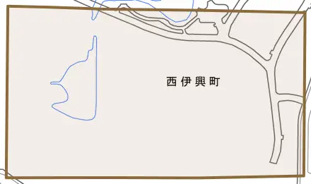 西伊興町とその周辺の地図。町の範囲を重ねている