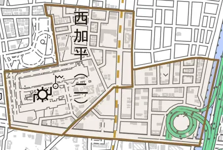 西加平とその周辺の地図。町の範囲を重ねている