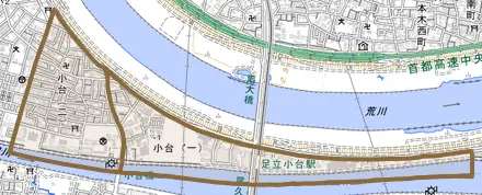 小台とその周辺の地図。町の範囲を重ねている