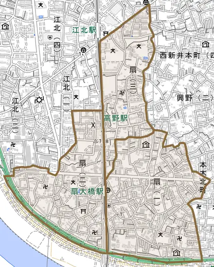 扇とその周辺の地図。町の範囲を重ねている