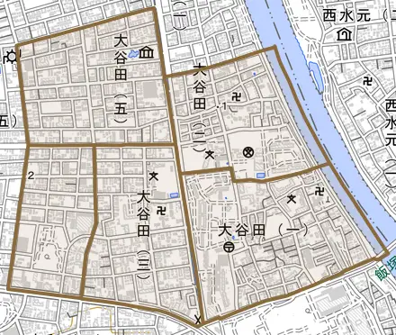 大谷田とその周辺の地図。町の範囲を重ねている