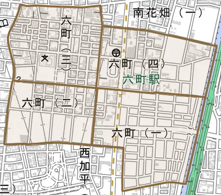 六町とその周辺の地図。町の範囲を重ねている