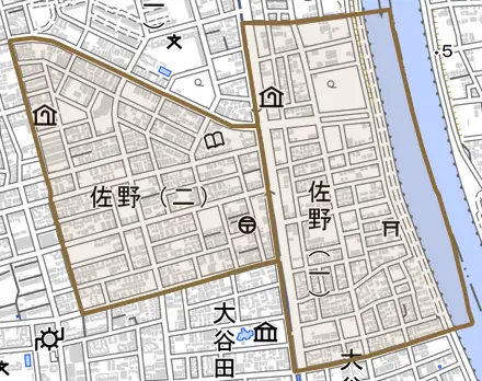佐野とその周辺の地図。町の範囲を重ねている