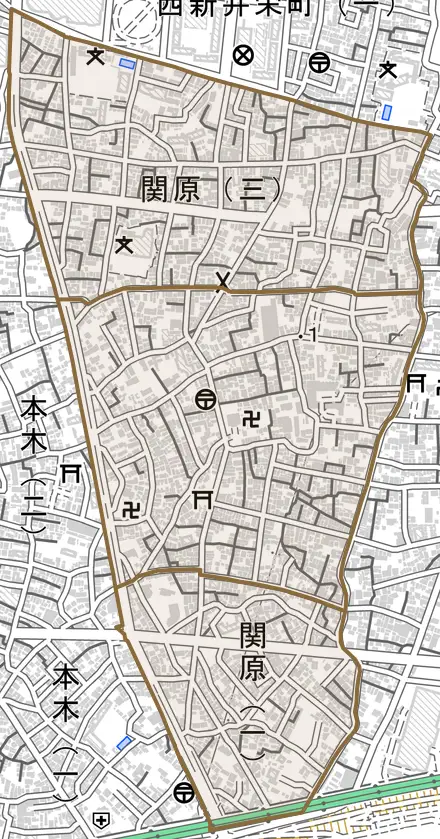 関原とその周辺の地図。町の範囲を重ねている