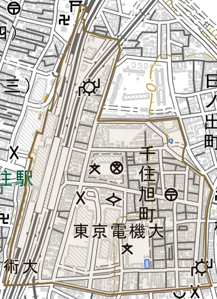 千住旭町とその周辺の地図。町の範囲を重ねている