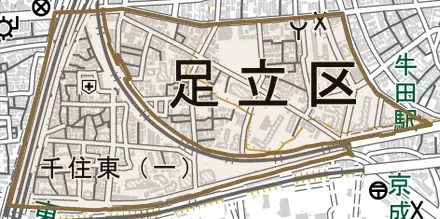 千住東とその周辺の地図。町の範囲を重ねている