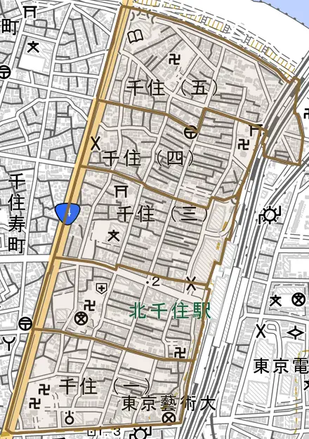 千住とその周辺の地図。町の範囲を重ねている