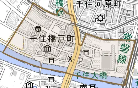 千住橋戸町とその周辺の地図。町の範囲を重ねている
