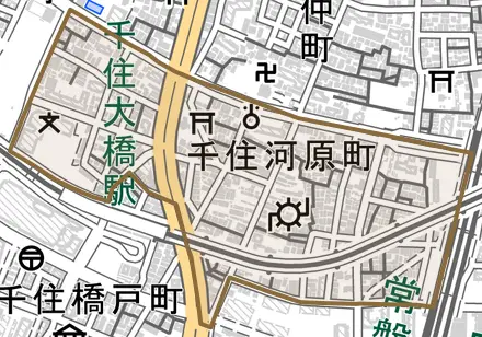千住河原町とその周辺の地図。町の範囲を重ねている