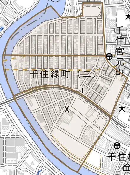 千住緑町とその周辺の地図。町の範囲を重ねている