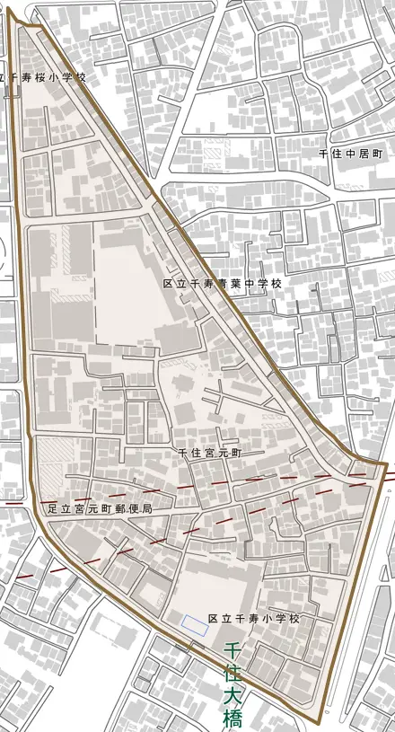 千住宮元町とその周辺の地図。町の範囲を重ねている