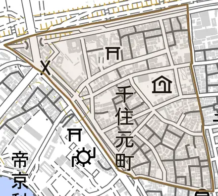 千住元町とその周辺の地図。町の範囲を重ねている