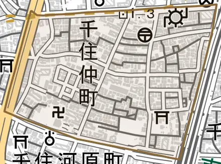千住仲町とその周辺の地図。町の範囲を重ねている