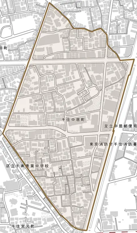 千住中居町とその周辺の地図。町の範囲を重ねている