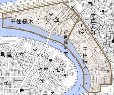 千住桜木とその周辺の地図。町の範囲を重ねている