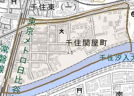 千住関屋町とその周辺の地図。町の範囲を重ねている
