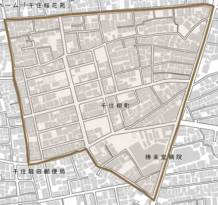 千住柳町とその周辺の地図。町の範囲を重ねている