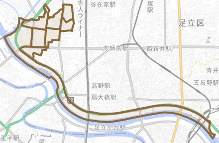 鹿浜とその周辺の地図。町の範囲を重ねている