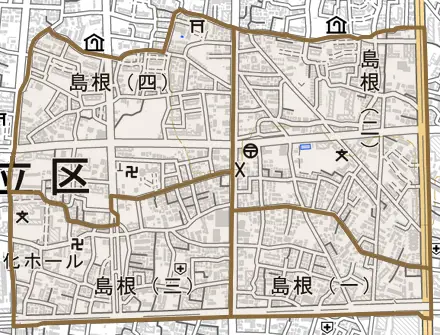 島根とその周辺の地図。町の範囲を重ねている