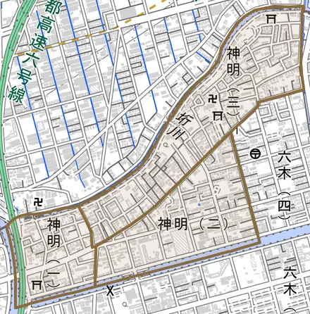 神明とその周辺の地図。町の範囲を重ねている