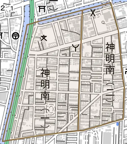 神明南とその周辺の地図。町の範囲を重ねている