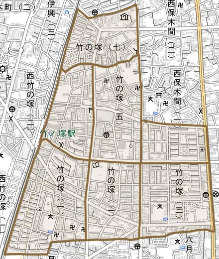 竹の塚とその周辺の地図。町の範囲を重ねている