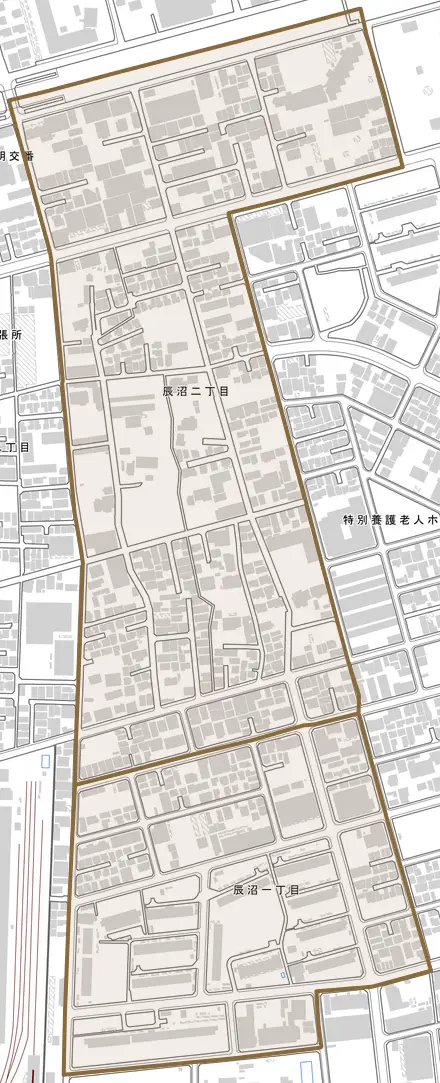 辰沼とその周辺の地図。町の範囲を重ねている