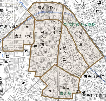 舎人とその周辺の地図。町の範囲を重ねている