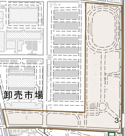 舎人公園とその周辺の地図。町の範囲を重ねている