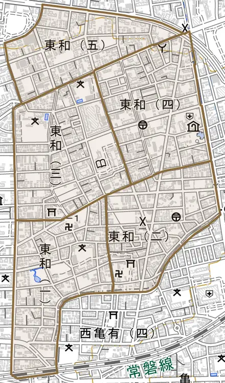 東和とその周辺の地図。町の範囲を重ねている