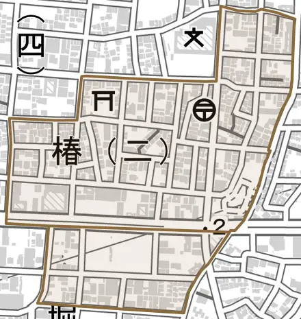 椿とその周辺の地図。町の範囲を重ねている