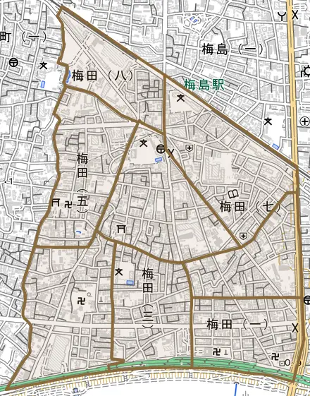 梅田とその周辺の地図。町の範囲を重ねている