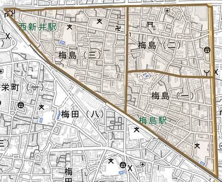 梅島とその周辺の地図。町の範囲を重ねている