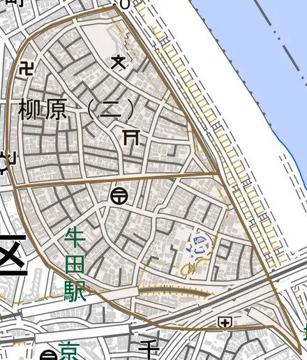 柳原とその周辺の地図。町の範囲を重ねている