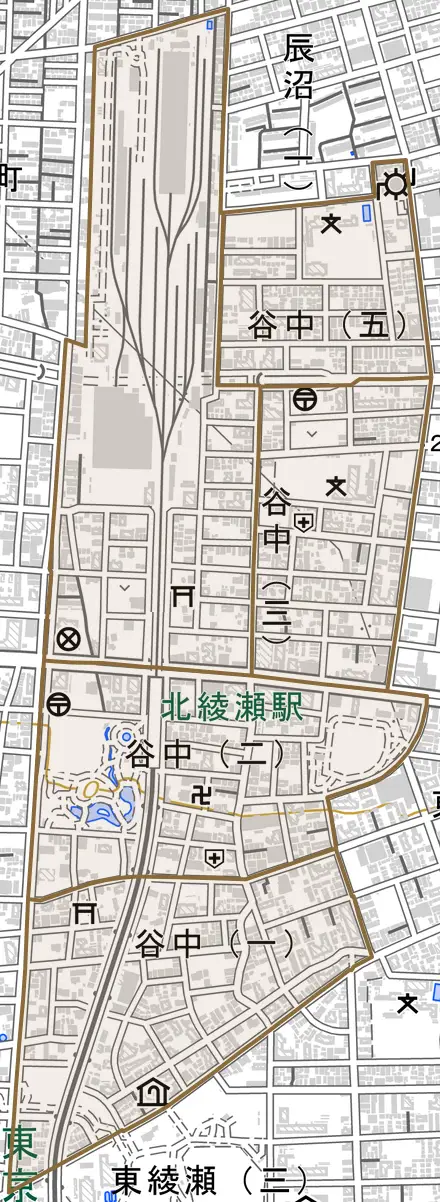 谷中とその周辺の地図。町の範囲を重ねている