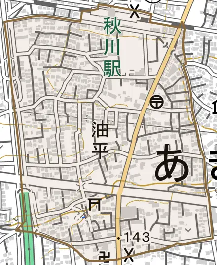 油平とその周辺の地図。町の範囲を重ねている