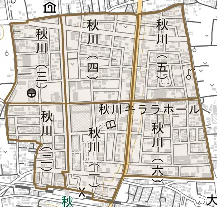 秋川とその周辺の地図。町の範囲を重ねている