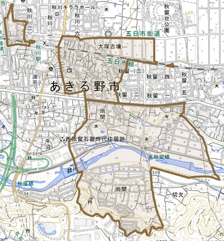 雨間とその周辺の地図。町の範囲を重ねている