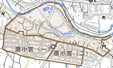 原小宮とその周辺の地図。町の範囲を重ねている