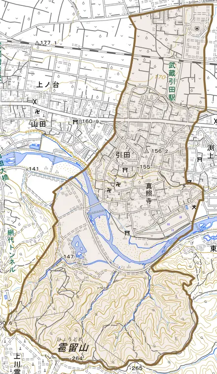 引田とその周辺の地図。町の範囲を重ねている