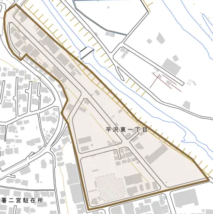 平沢東とその周辺の地図。町の範囲を重ねている