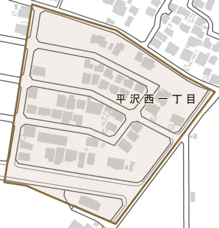 平沢西とその周辺の地図。町の範囲を重ねている