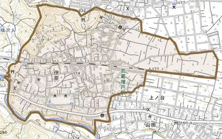 伊奈とその周辺の地図。町の範囲を重ねている