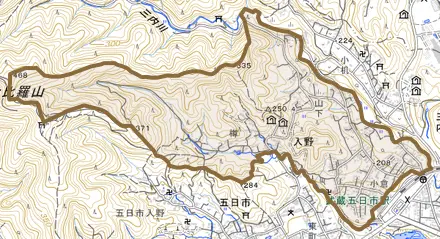 入野とその周辺の地図。町の範囲を重ねている