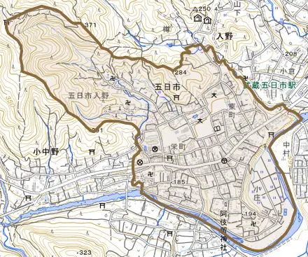 五日市とその周辺の地図。町の範囲を重ねている
