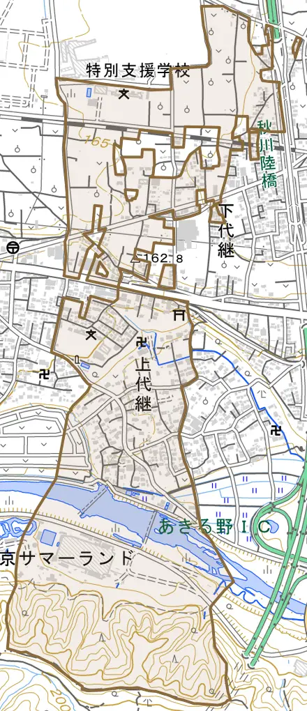 上代継とその周辺の地図。町の範囲を重ねている