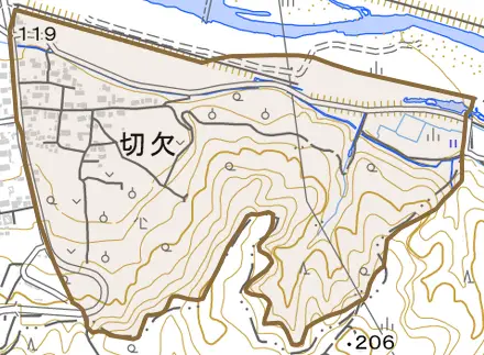 切欠とその周辺の地図。町の範囲を重ねている